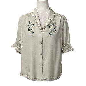 Simple Retro Women's Top Button Down Blouse Short Sleeve Size Large Embroidered